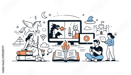 Legends in modern culture. Abstract editorial scene combining ancient symbols with modern elements like books and digital screens, showing