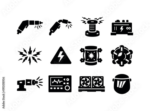 Plasma. Solid icon set of plasma technology: plasma cutter, arc welding torch, energy coil, power generator, electric sparks, high voltage