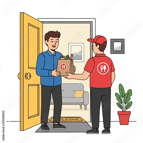Man receiving food delivery from courier.