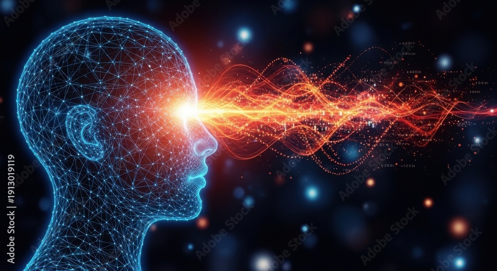 Fototapeta premium Futuristic human head with glowing brain connections and energy flow