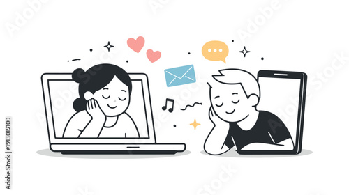 Emotional connection through technology. Two simple characters sharing a quiet moment via video call with warm symbols floating around.