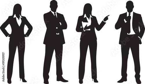 Collection of four female silhouettes in confident poses, isolated on white
