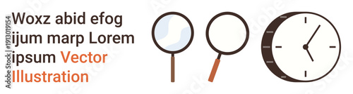 Research, time management, analysis, exploration, investigation, productivity. Magnifying glasses next to a clock. Research and time management concept using magnifying glasses and a clock