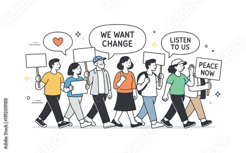 Non-violent demonstration. People walk slowly side by side with simple placards and speech bubbles. Calm determination and collective voice