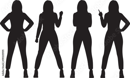 Collection of four female silhouettes in confident poses, isolated on white