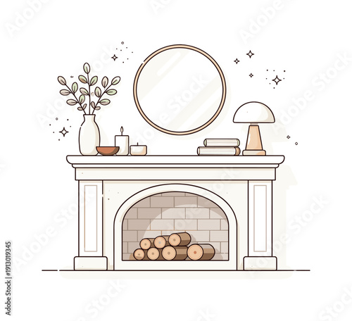 Home interior accent. A fireplace mantel with minimal decor elements arranged neatly, creating a cozy yet modern interior focal point.