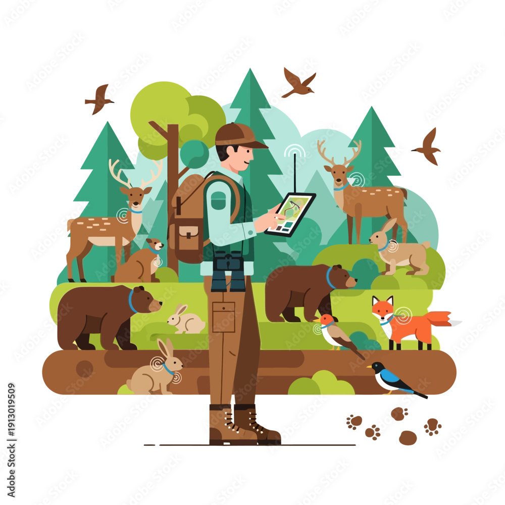 Fototapeta premium Man with backpack and tablet outdoors.
