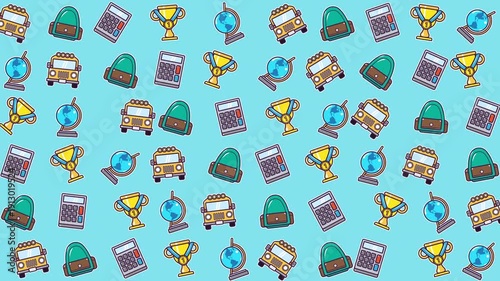 Schoolthemed pattern featuring buses, globes, and calculators, suitable for educational posters, stationery designs, or classroom decorations. Great for backtoschool projects.