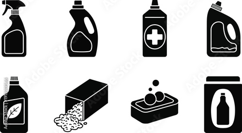 Cleaning Supplies and Detergent Icon Set - Housekeeping and Laundry Product Symbols