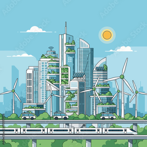 Modern city with wind turbines and green spaces.