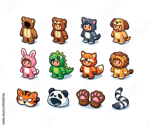 Colorful Animal Costumes. Animal costumes. Colorful isometric vector icons set of animal costumes: animal costume suit, bear costume, cat costume, dog costume,