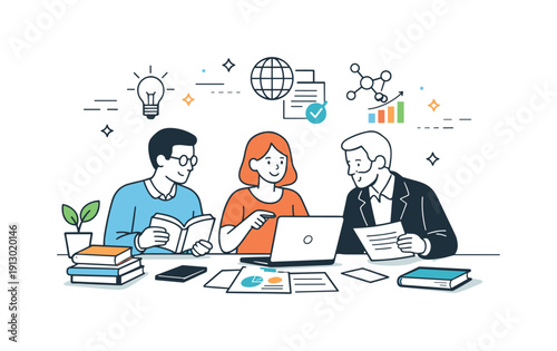 University research partnership. Academics working together in a campus setting with books, documents, and digital devices. Calm scholarly