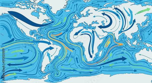 Ocean Currents World Map Illustration.