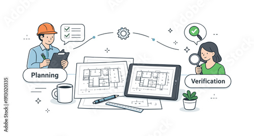 Engineering diagrams. A modern workspace with printed schematics and a tablet displaying the same diagram, showing planning and verification.