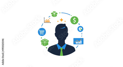 Abstract illustration of a person surrounded by business and financial icons
