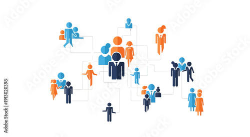Abstract illustration of diverse people connected in a network on white background