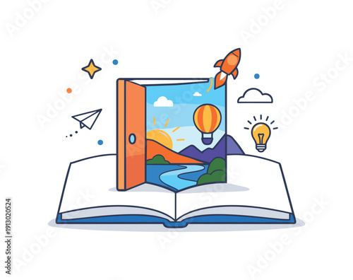 Imaginative Doorway Portal. Creative writing prompts and exercises symbolized by a doorway opening from a blank page into a colorful story world. The scene