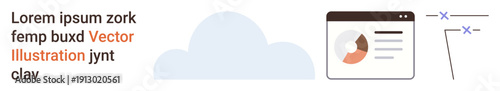 Cloud technology, data analytics, online storage, digital information, web applications, productivity tools. A cloud, pie chart on a webpage interface and data points. Cloud technology and data