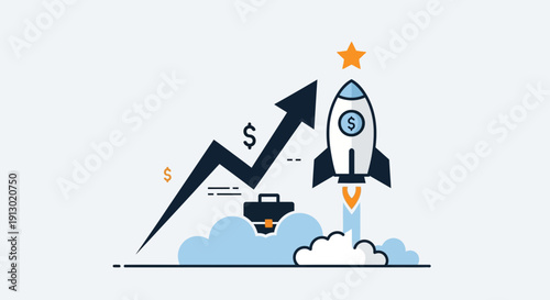 Business growth concept illustration with rocket ship star and upward arrow