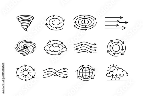 Atmospheric Vortex. Line icon set of Atmospheric Vortex: rotating air currents, spiral arrows, pressure system, wind layers, storm core,