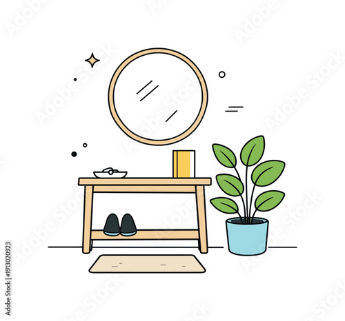 Incorporating plants in entryways for a welcoming feel. Minimal hallway scene with a small table, mirror, and leafy plant in a simple pot.