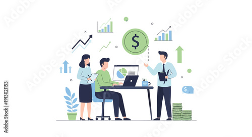 Business team analyzing financial data and charts in vector illustration
