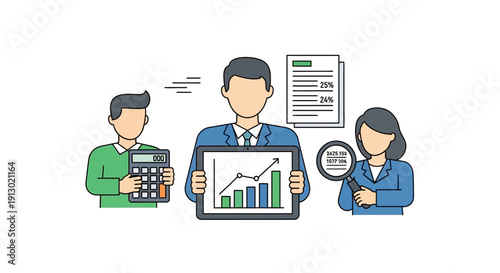 Business team analyzing financial data and growth chart illustration