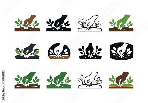 Weeding. Icon set. Set Logo of Weeding: tidy garden bed. harmonious logo variations of the same emblematic concept, each with different