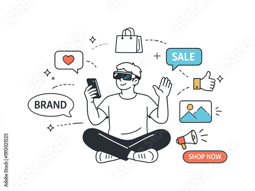 Augmented reality brand experience. A user interacting with floating brand icons and messages in their environment, relaxed and engaged. The