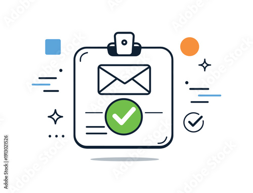 Mail service credentials. A floating badge with envelope symbol and checkmark, surrounded by clean geometric shapes. Verification, role