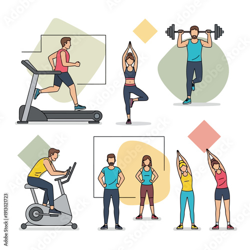 People exercising in various fitness poses.