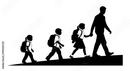 Family of Four Walking Together Silhouette.