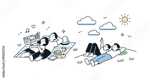 Lazy afternoons in parks. People watching clouds or resting on a picnic blanket, time passing slowly. Unhurried outdoor lifestyle with soft