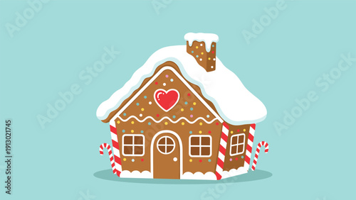 Adorable cartoon gingerbread house decorated with icing, candy canes, and sprinkles with a snowy roof on a light blue background.