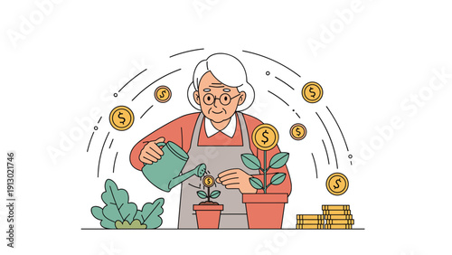 Elderly woman carefully watering money plants in pots, symbolizing nurturing her retirement savings and pension investments for growth.