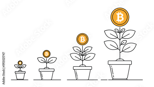 Bitcoin investment growth concept shown as a sequence of four potted plants, with the bitcoin coin flower getting larger over time.