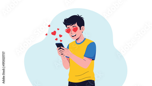 Young man falls in love online, staring at his smartphone with heart-shaped eyes while chatting on a dating app or social media.