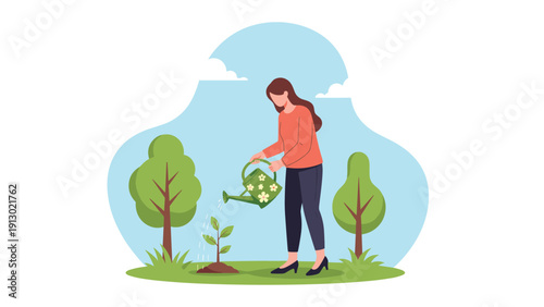 Young woman in a park carefully watering a newly planted sapling with a green watering can, symbolizing growth and nature care.