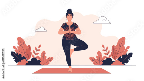 Calm woman practicing the tree pose in yoga on a mat outdoors, surrounded by stylized plants, promoting balance and wellness.