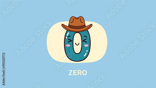 Adorable and cute cartoon number zero character with a happy winking face wearing a stylish brown cowboy hat on a blue background.