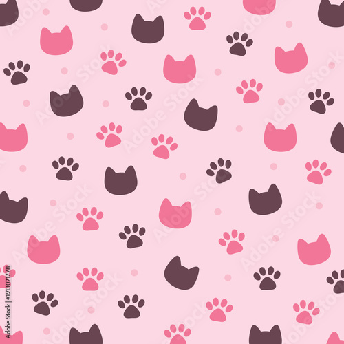 猫の顔と肉球の可愛いシームレスパターン背景　ピンクとチョコレート色のバレンタイン風イラスト
