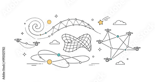 Drone-generated sky art. Abstract patterns emerging from flying drones, lines and dots connecting smoothly in the air. Quiet futuristic mood