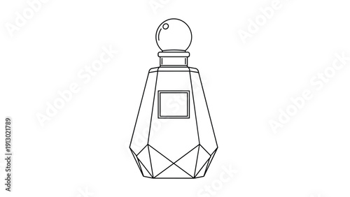 Elegant and simple black and white line drawing of a faceted glass perfume bottle with a round stopper, for coloring or design.