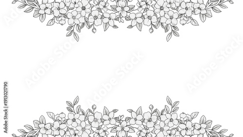 Elegant floral frame with black and white hand-drawn flowers and leaves creating a top and bottom border with an embroidery effect.