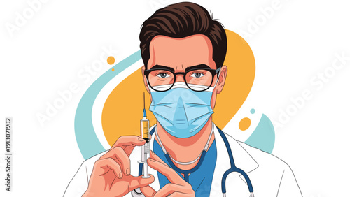 Close-up portrait of a male doctor or nurse wearing a face mask and holding a syringe, representing vaccination and healthcare.