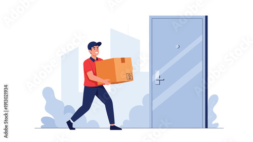 Friendly delivery man in a uniform carrying a cardboard package to a customer's front door for a home delivery service.