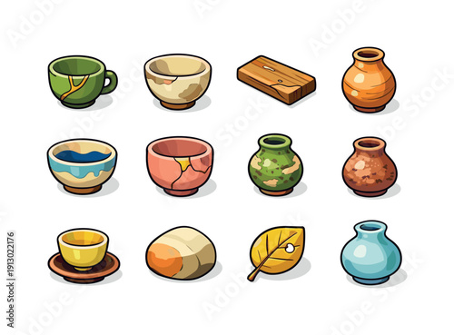   Wabi-sabi. Colorful isometric vector icons set of wabi-sabi: cracked cup, imperfect bowl, natural wear marks, handmade pottery, uneven glaze,