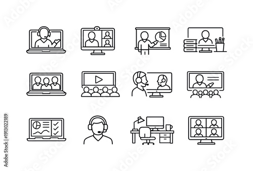 Virtual Training Sessions. Line icon set of Virtual Training Sessions: online instructor, training video call, digital slides presentation,
