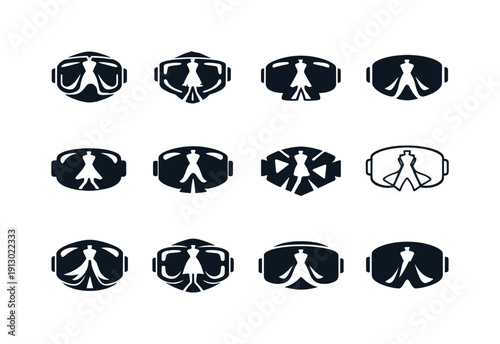 Virtual fashion shows in the metaverse. Icon set. Set Logo of Virtual fashion shows in the metaverse: VR headset with fashion icon.