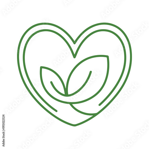 Green heart shape with leaf symbol in center illustrated in minimalist style